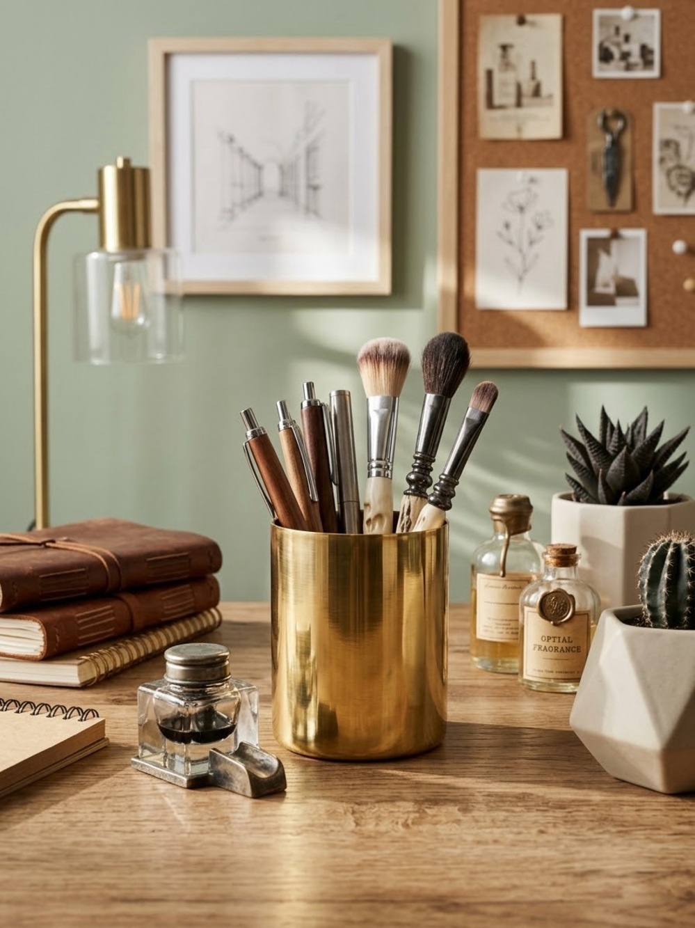 Gold Metal Desk Organizer Pen & Brush Holder - Home Storage